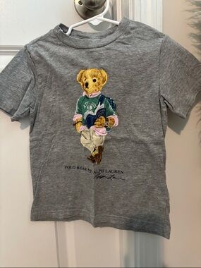 Ralph Lauren Gray Polo Bear Graphic Tee with Green & Pink Accents